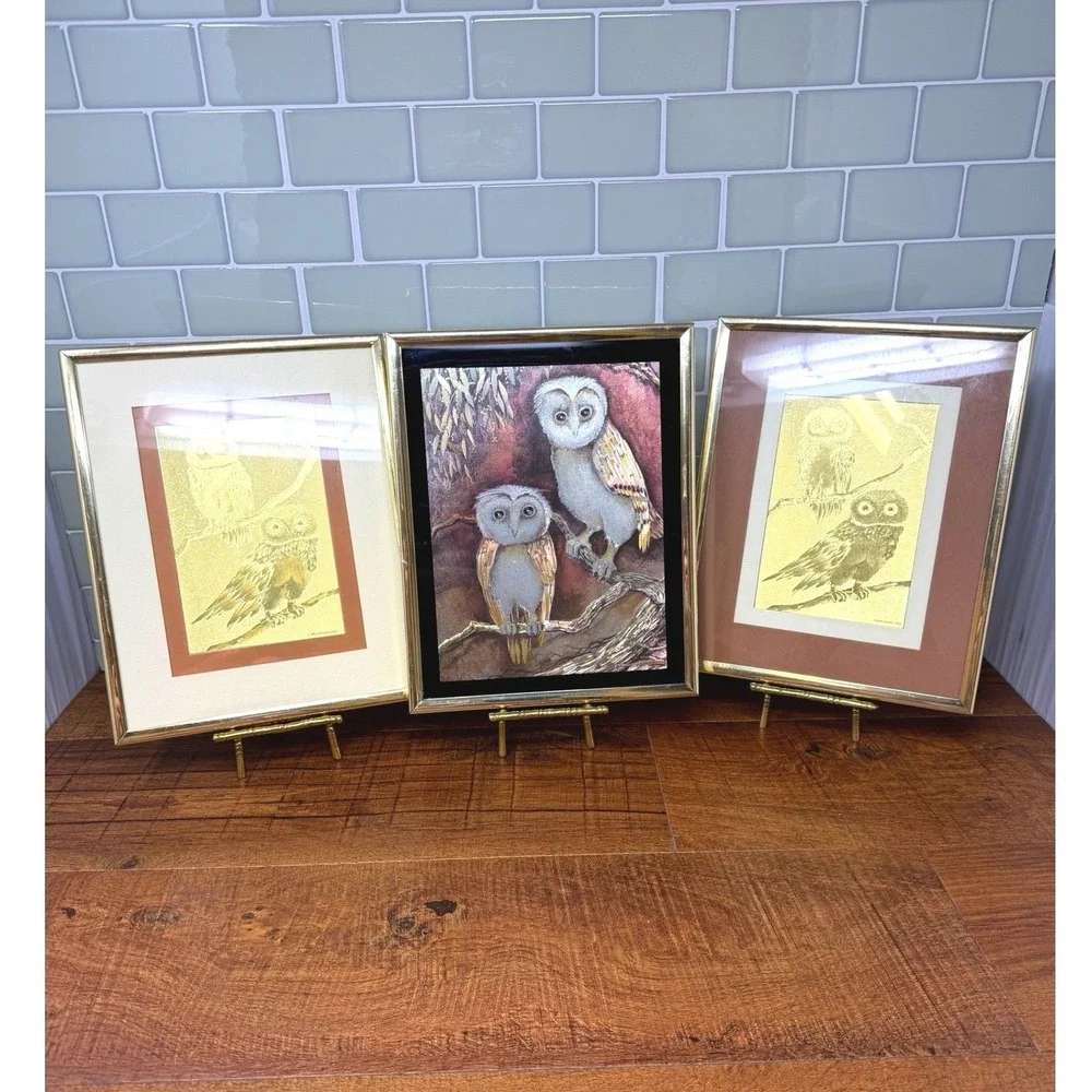 Vintage 1980's Manifestations Inc Gold Foil & Color Owl Framed Art Set of 3 8x10
